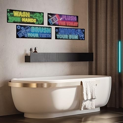 Miniatura 3 de YLOLUL 4 piezas de decoración de baño de neón para niños, decoración de baño para adolescentes, decoración de baño, juegos de pared, accesorios de