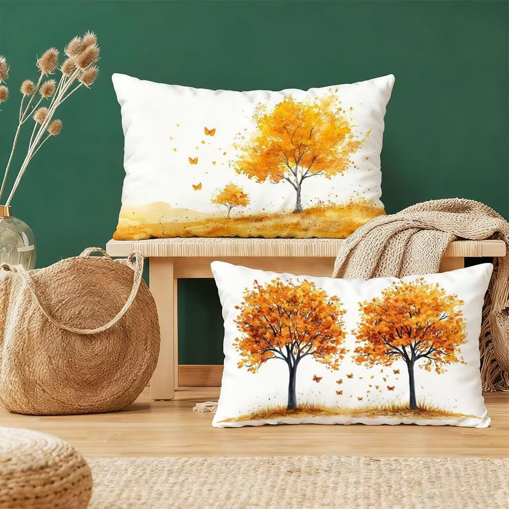 Taie d'oreiller 60x80 cm jaune en velours rectangulaire à motif arbre