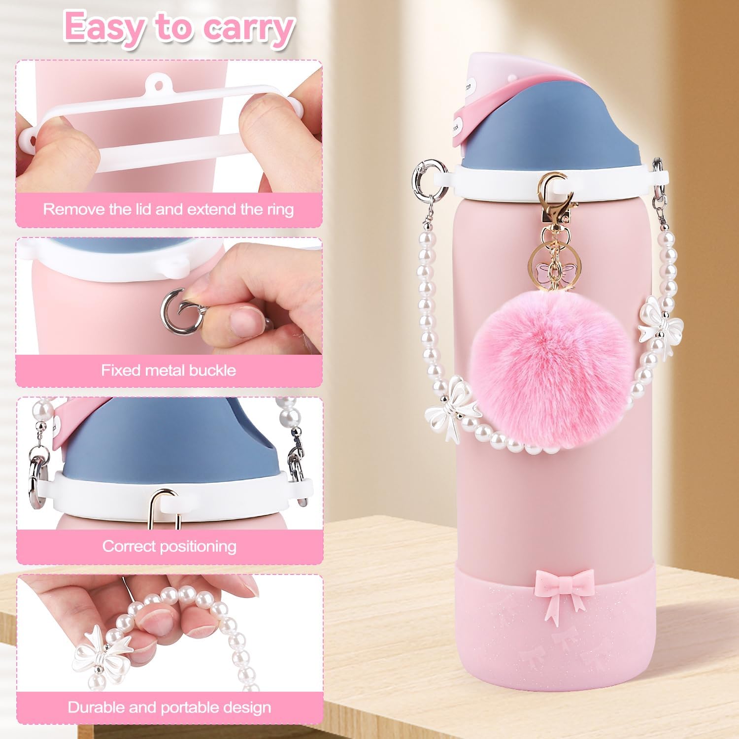 Water Bottle Accessories Set for Owala Accessories – Includes 2.9in .3inch Silicone Bling Boot,Pearl Handle Strap, Plush Ball,Bow Charms for Owala FreeSip 24oz、32 oz image 5