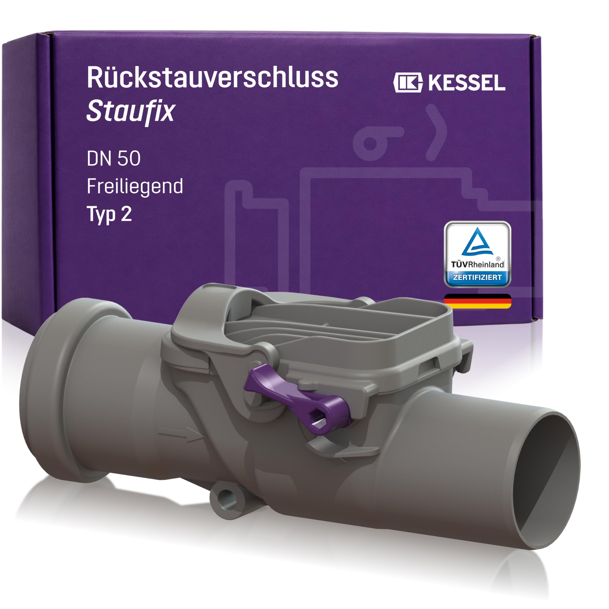 KESSEL Staufix DN 50 Rückstauverschluss Typ 2, mechanisch, Artikel 73050 | Kompakte mechanische Rückstausicherung für fäkalienfreies Abwasser, korrosionsfrei, für Sanierung EN 13564
