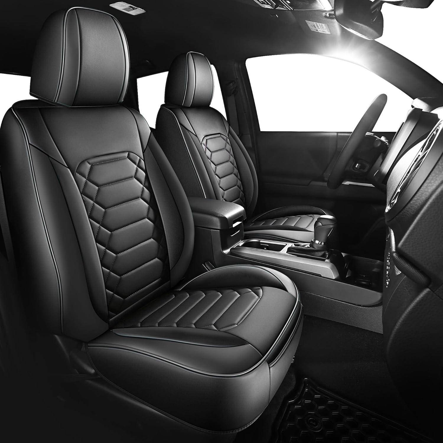 FREESOO 2PCS Front Tacoma Seat Covers Custom Fit for Toyota Tacoma 2005-2015 Double Crew Cab Faux Leather Full Set Pickup Truck Seat Covers (Front Set, Black)