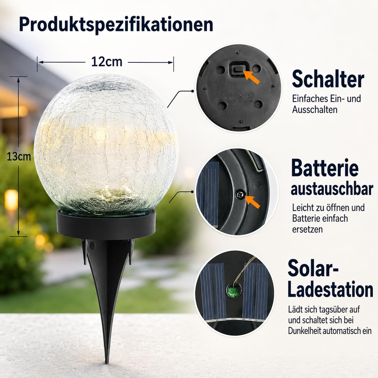 Ciskotu 4 Stück Bruchglas Solarleuchten für Außen, 120 LED Solarlampen für Aussen Garten, IP44 Wasserdicht Solar Gartenleuchten für Gartendeko, Balkon, Terrasse, Rasen, Wege (Warmweiß)