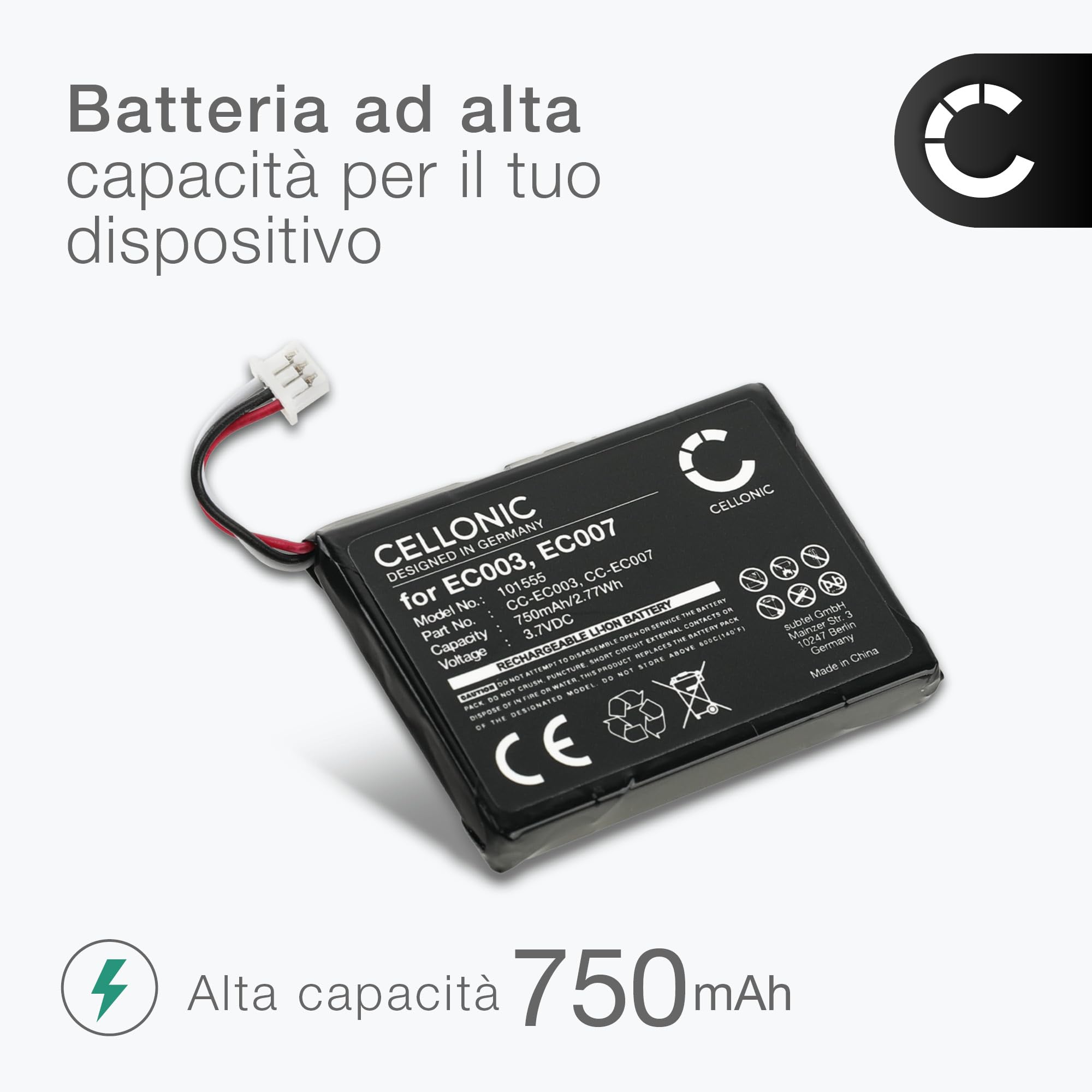 subtel, Batteria per Lettore MP3 compatibile con Apple iPod mini 1 Gen. - A1051, 2 -, EC003, 1G (3.7V, 750mAh)