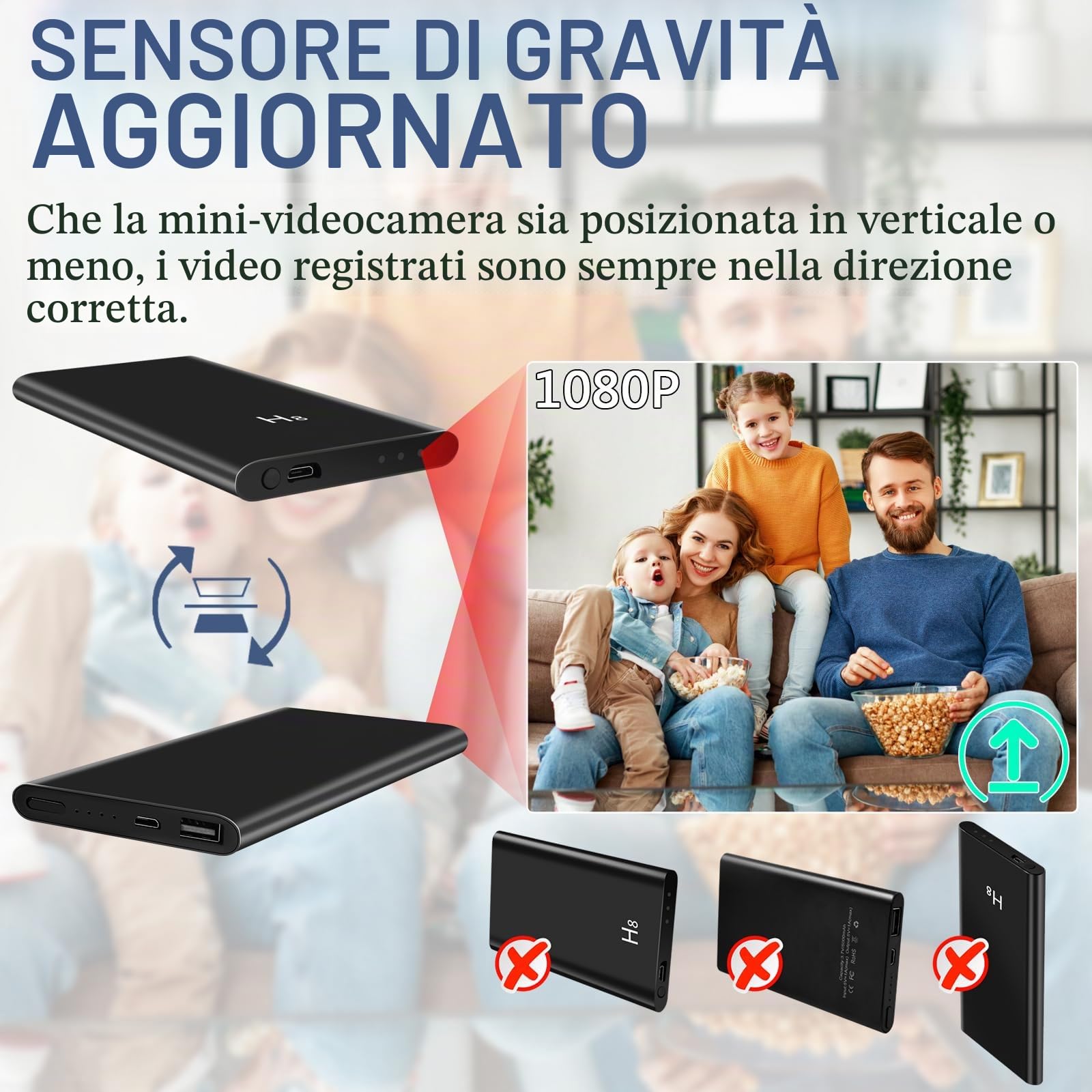 Telecamera Spia Nascosta, Microcamera Spia Mini Spy Cam 5000mAh Power Bank, Portatile Videocamera HD 1080P 20+ Ore Registrazione con Sensore di Gravità Visione Notturna | Portatile Power Bank, Salva 20+ Ore, Rilevatore di Gravità, Visione Notturna, Per In