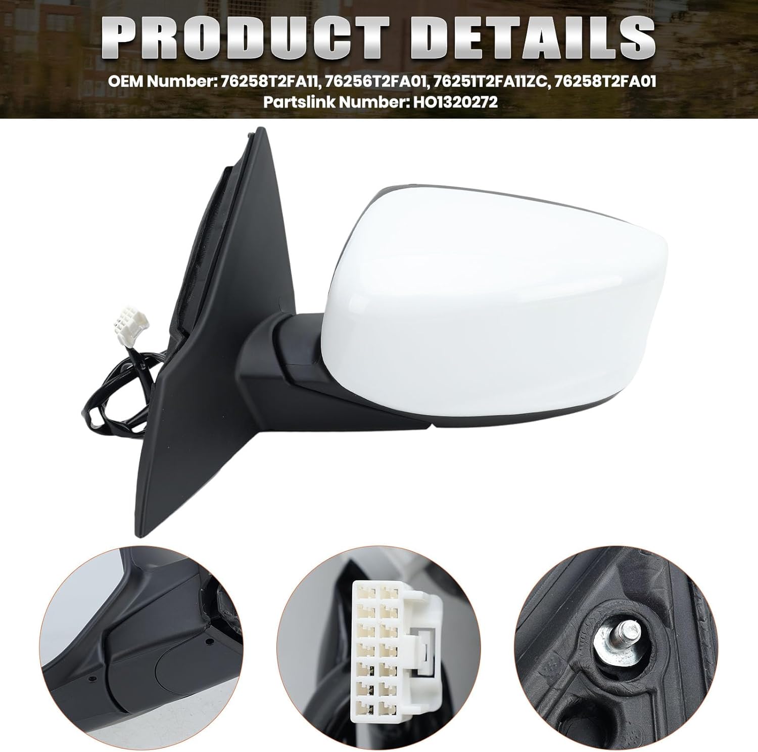 Left Driver Side Mirror Compatible with Honda Accord Sedan/Coupe 2013 2014 2015 2016 2017 Power Glass Manual Folding Non-Heated Door View Mirrors Replace #76258T2FA11 3 Pins Paintable (White)