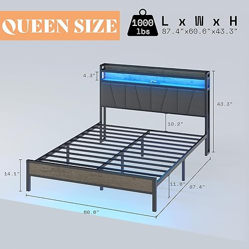 Miniatura 2 de AMERLIFE Base de cama LED de tamaño matrimonial con estación de carga y luz LED RGBW, cabecera de almacenamiento tapizada de lino, listones de metal