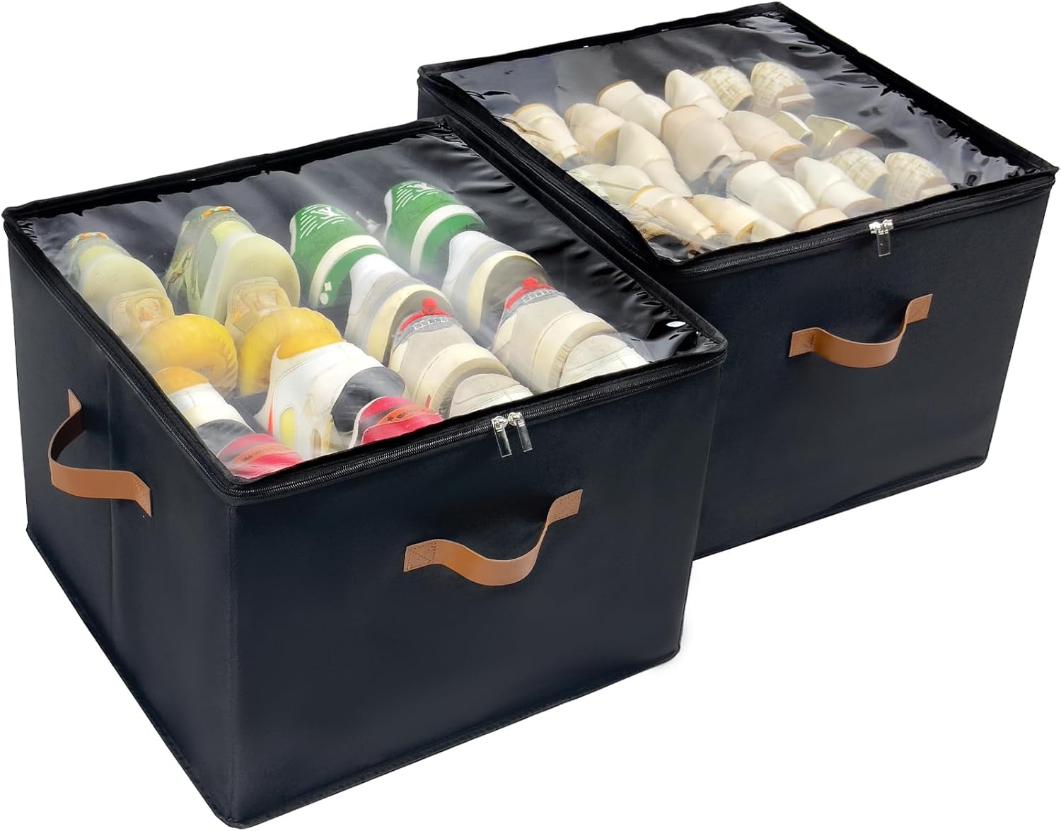 Shoe Organizer for Closet, 2 Pack Shoe Storage Bins with Clear Cover, Foldable and Adjustable Dividers, Fits 16-32 Pairs, Black
