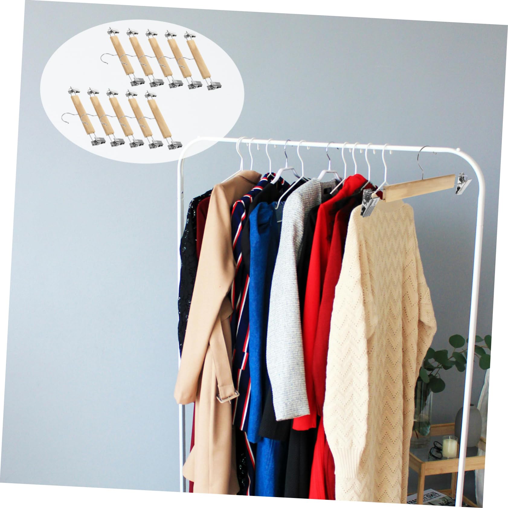 Gatuida Set da 10 Grucce in Legno con Clip in Acciaio Inossidabile per Pantaloni e Gonne, Resistenti e Versatili, per Organizzare Abiti e Leggings in Armadio
