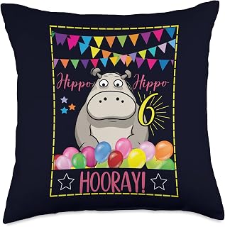 Cute Baby Birthday Hippo Club Cute Baby Hippo-6th Birthday Animal Hippopotamus Lover Fun Throw Pillow, 18x18, Multicolor