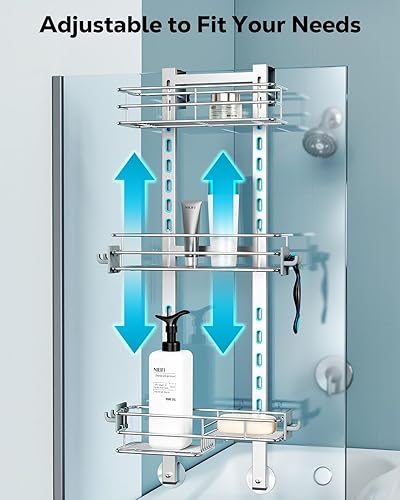 Vista 13 de Nieifi Estante organizador de despensa para ducha sobre la puerta con ganchos confiables, organizador de ducha resistente para colgar, estante
