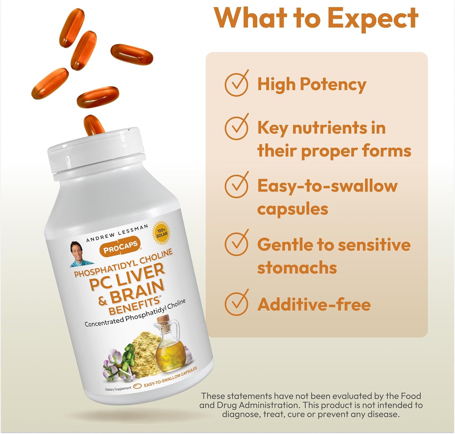 ANDREW LESSMAN PC Liver and Brain Benefits 60 Softgels - Phosphatidyl Choline, Most Important Building Block for Healthy Liver and Brain Structure, Function. No Additives. Easy to Swallow Softgels - Image 4