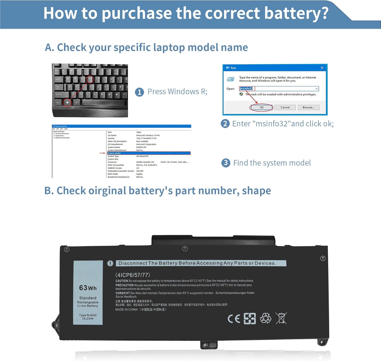 RJ40G 63Wh 15.2V Laptop Battery Replacement for Dell Latitude 14 5420 Latitude 15 5520 Precision 15 3560 Series 01K2CF 075X16 0WK3F1 0M3KCN 005R42 P137G P137G001 P104F P104F001