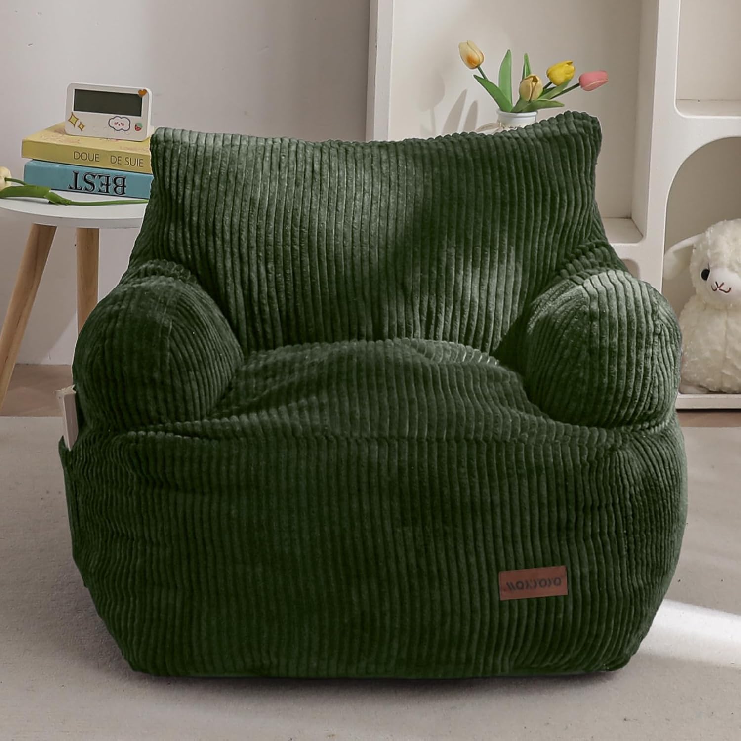 MAXYOYO Kids Bean Bag Chair, Stuffed Toddler Bean Bag Sofa with Filler Cozy for Boys and Girls, Lazy Sofa with Pocket Floor Chair for Gaming, Reading, Dark Green