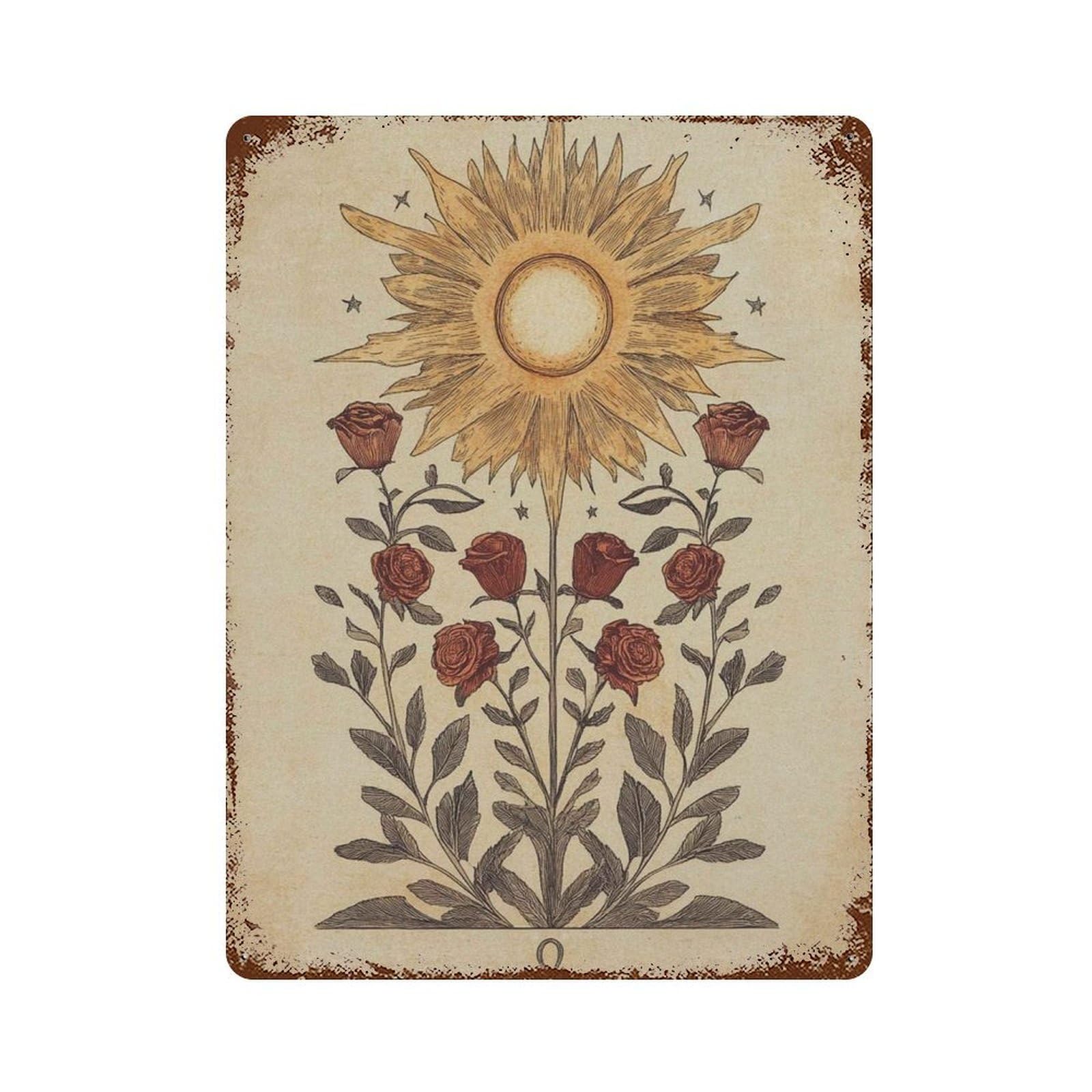 xiaoxiaoshen Sun And Roses Botanical Boho Floral Celestial Nature Wall Decor Art Metal Tin Poster Modern Home Decor Art Home Bar Shop Decorations Vintage Sign 40x30cm