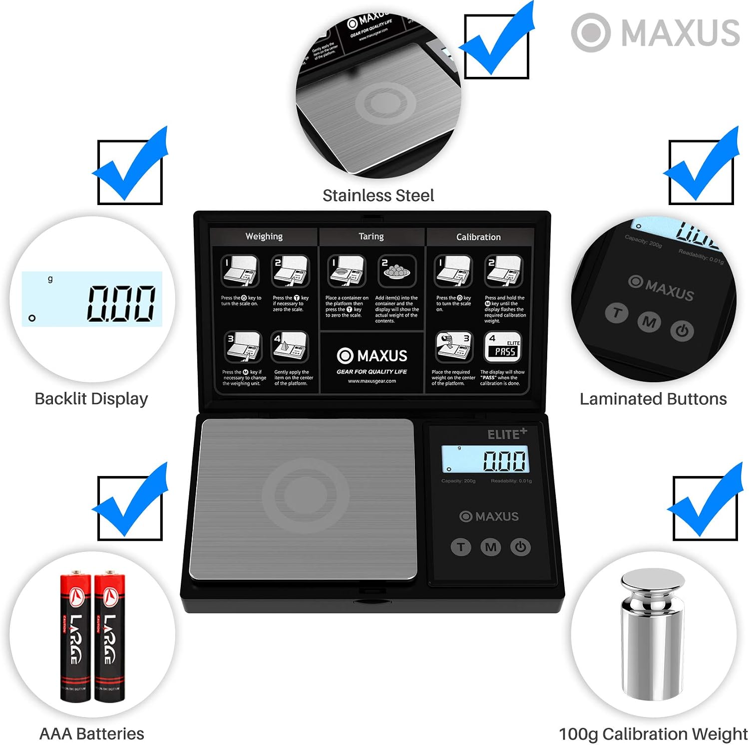 MAXUS Elite Plus Precision Gram Scale 200g x 0.01g + 50g Calibration Check Weight - Multi-Use Digital Pocket Scale Scale Powder Scale Jewelry Scale Grain Scale Small Scale Versatile Meds Capsule