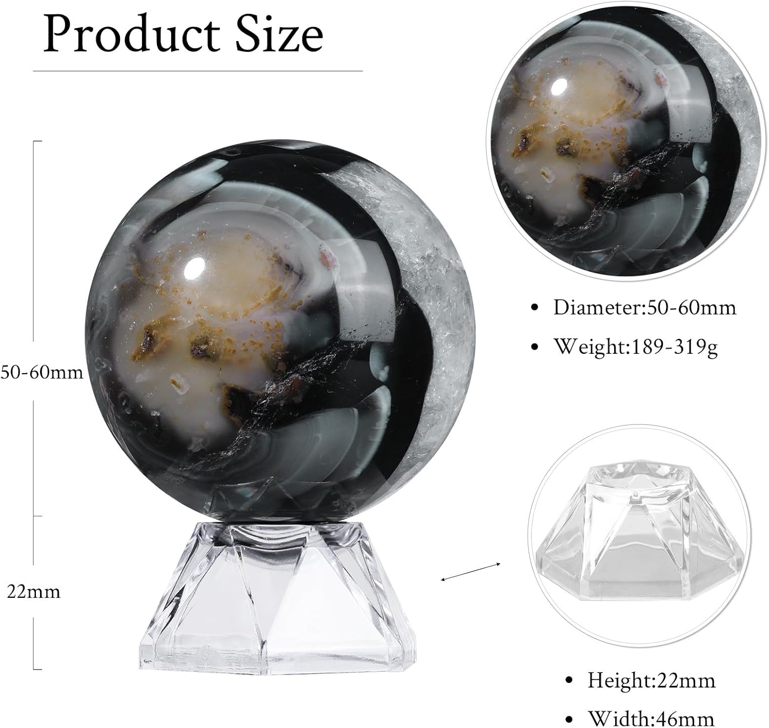 Natural Black Striped Agate Crystal Ball with Acrylic Display Base, 50-60mm Polished Stone Feng Shui Crystal Sphere Meditation Decoration for Home & Office