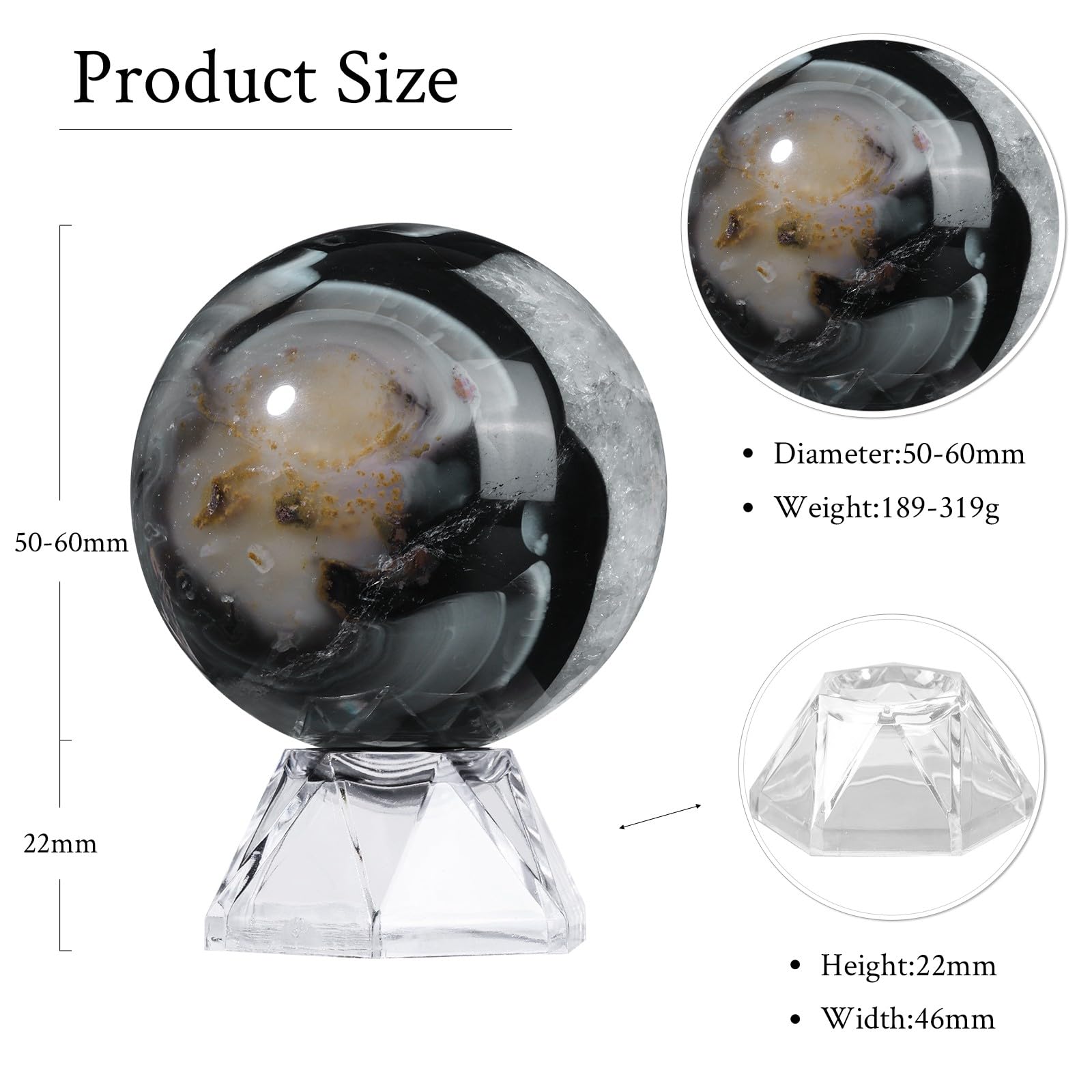 dssmboom Natural Black Striped Agate Crystal Ball with Acrylic Display Base - Image 2