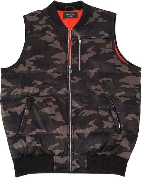 Amazon Zara Man メンズ ブラウン 迷彩 オレンジ インテリア チェンジバック グラフィック パファー ベスト ジャケット M ベスト 通販
