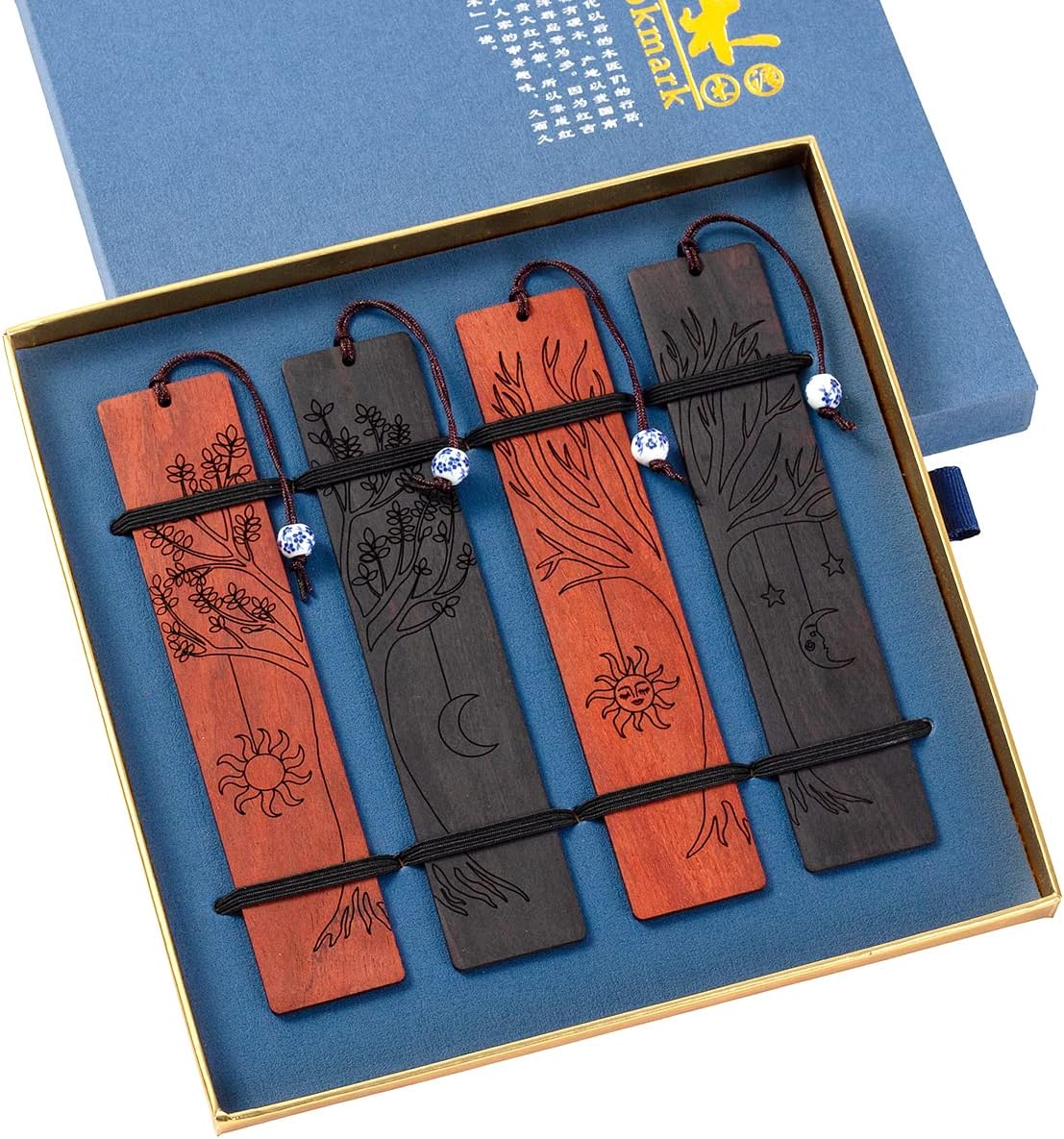 4 Pcs Bookmarks,Wood Bookmark Set for Book Lover, Book Marks for Men Women (Sun Moon Set)