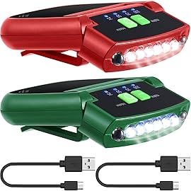 Mudder 2 Pieces LED Clip on Cap Lights USB Rechargeable Cap Flashlight Clip Waterproof Ultra Bright Hat Flashlight Headlamp for Fishing Camping Hand Work (Red,Green)