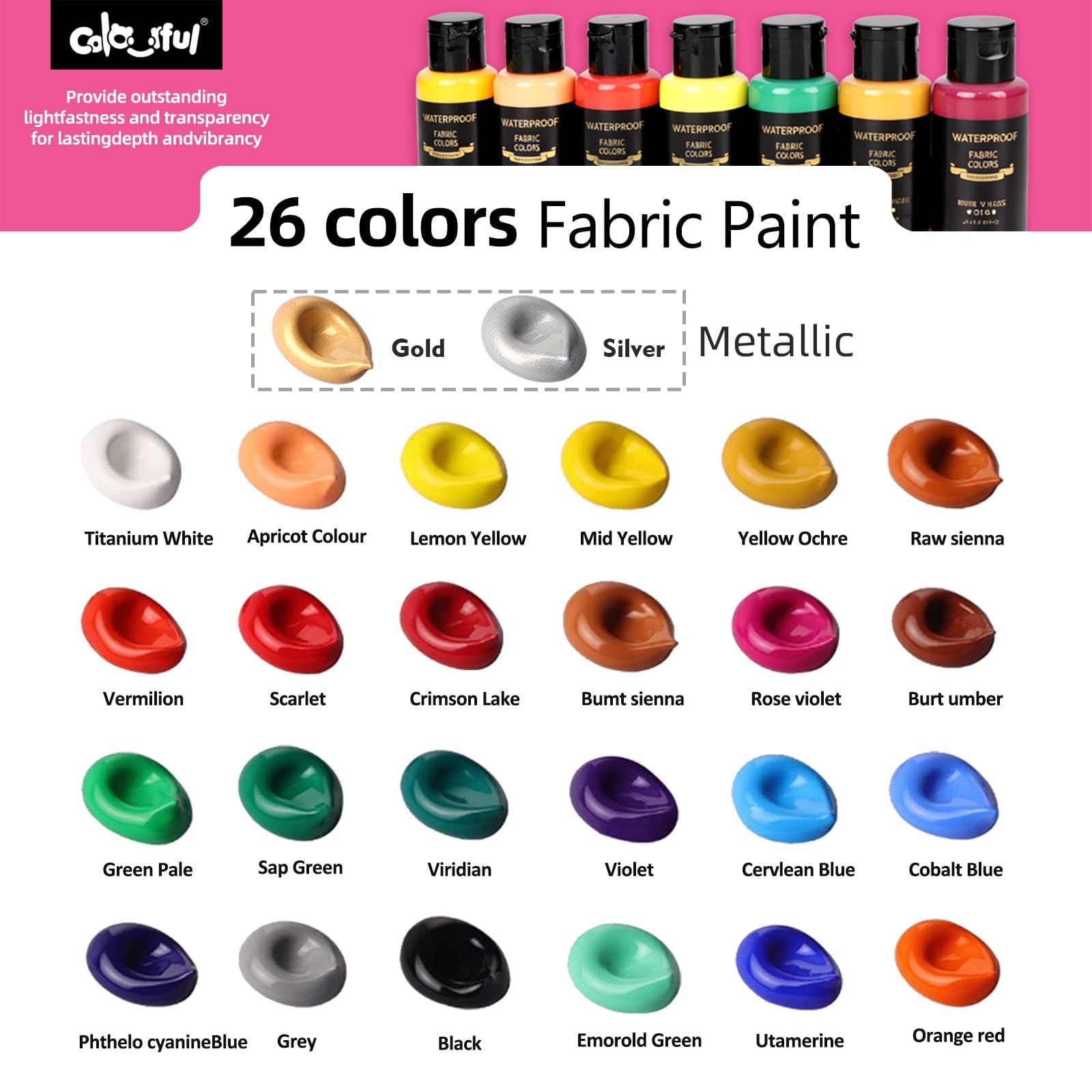 Colorful Set di colori per tessuti, 26 colori, 60 ml, kit di pittura permanente per scarpe, tela, non tossici, per adulti, principianti e artisti