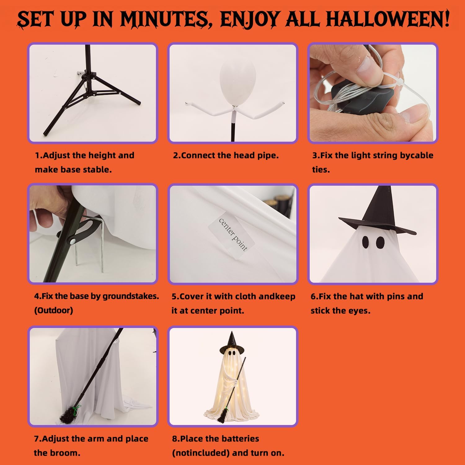 Halloween Decorations Outdoor Light Up Ghost, 53IN Witch Hat Broom Porch image 3
