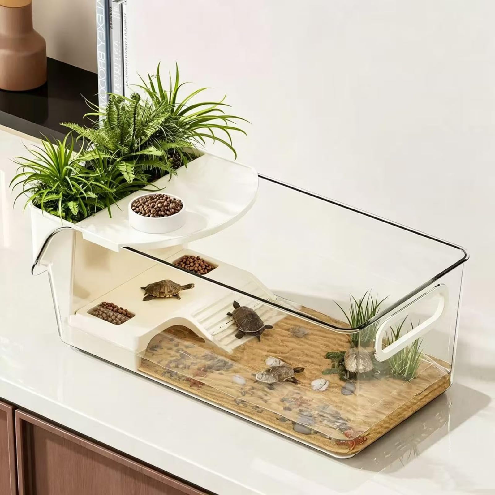 Terrario Grande con Plataforma para Terrario de Tortugas con Plataforma para Tomar el Sol y Rampa,Tanque Transparente para Tortugas Recinto para Reptiles， Cangrejos y Pequeños Peces,