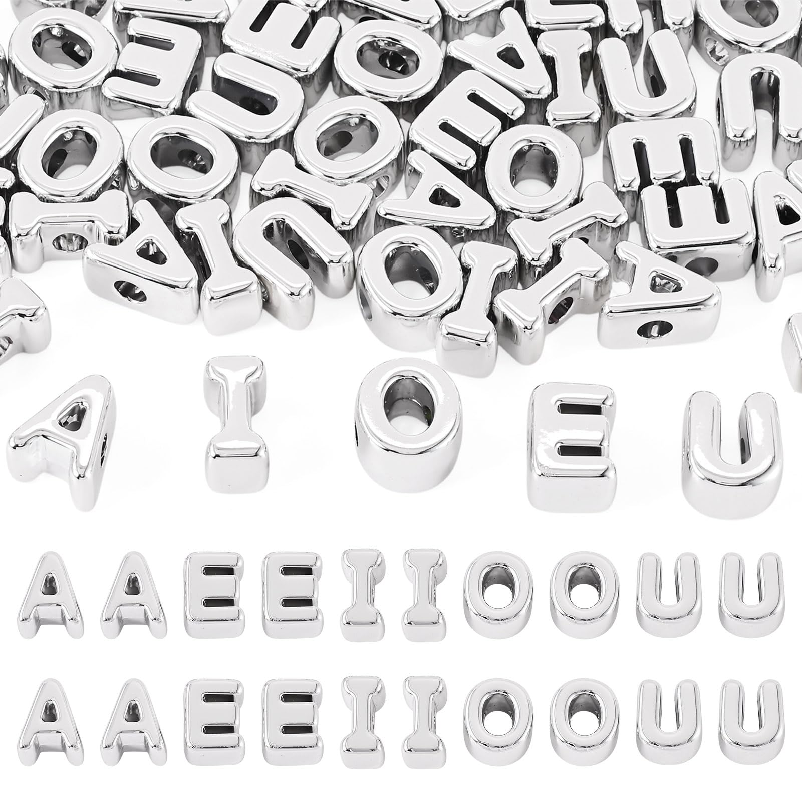 Cheriswelry 50Pcs Silver Vowel Letters European Beads