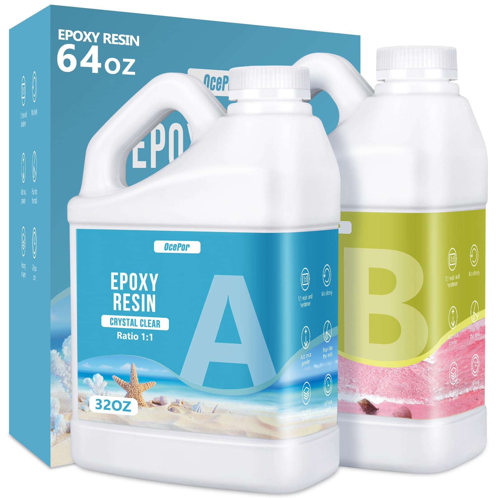 OcePor Epoxy Resin-64OZ, Crystal Clear Epoxy Resin Kit, No Yellowing No Bubble Art Resin Casting Resin for Art Crafts, Jewelry Making, Wood & Molds(32OZ x 2)