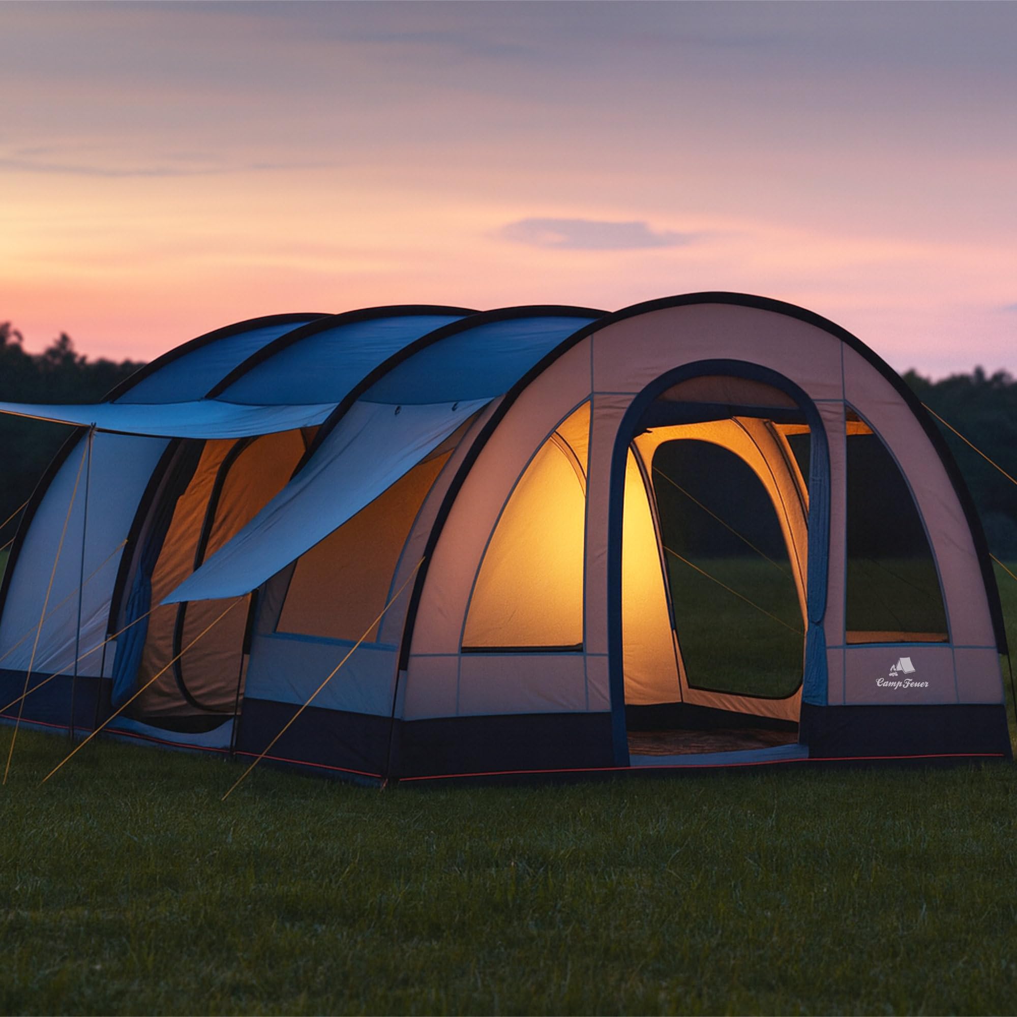 CampFeuer Tenda a tunnel "TunnelX" | Tenda familiare grande con 3 ingressi | grigio/blu | 5.000 mm di colonna d'acqua | Tenda per 4 persone, Tenda da campeggio