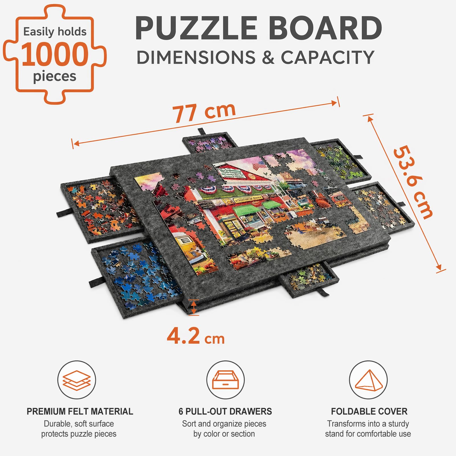 Planche de puzzle 2 en 1 de 1000 pièces avec 6 tiroirs, table de puzzle inclinable et pliable en feutre avec couvercle et support, dossier de puzzle portable pour rangement, plateau de puzzle