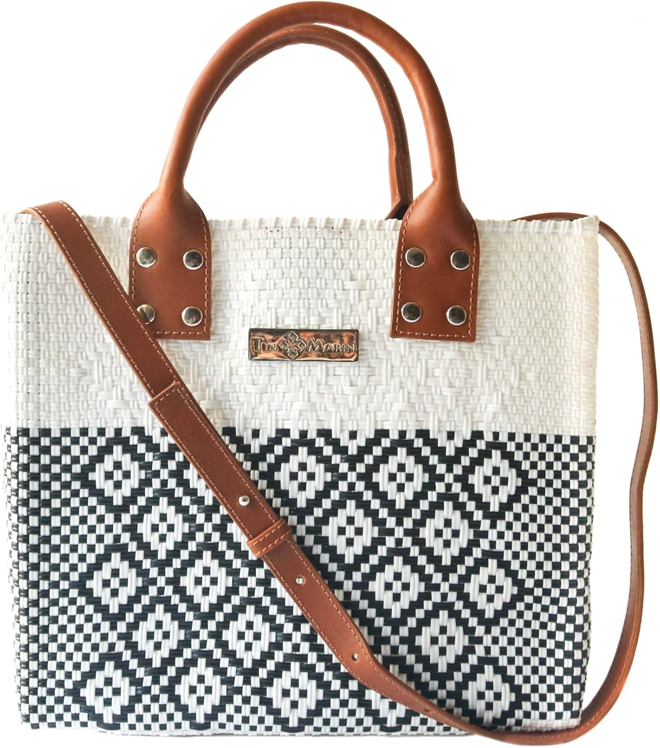 Tin Marin White Large Woven Crossbody Bag - Tan Leather Handles & Crossbody Strap, Handwoven Recycled Plastic Purse, Oaxaca Mexican Woven Tote, Summer Bag, Work Bag, Everyday Purse