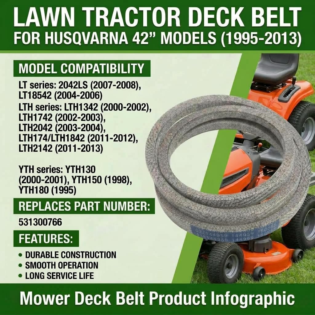 144959 Deck Belt for Husqvarna YTH180 42" Riding Mower, 1/2 x 95.5 Mower Belt Fits for Poulan Pro PB18542LT PO17542LT,for Craftsman LT1000 LT2000 LT3000 DYT4000 (Replaces 532144959 531300766 160855) view 5