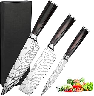 Messerset 3-tlg Küchenmesser Set aus Hochwertigem Carbon Edelstahl, Profi Messer Set mit Chefmesser Hackmesser Allzweckmesser, Präzises Schneiden – Geschenk für Kochbegeisterte – Geschenkverpackung