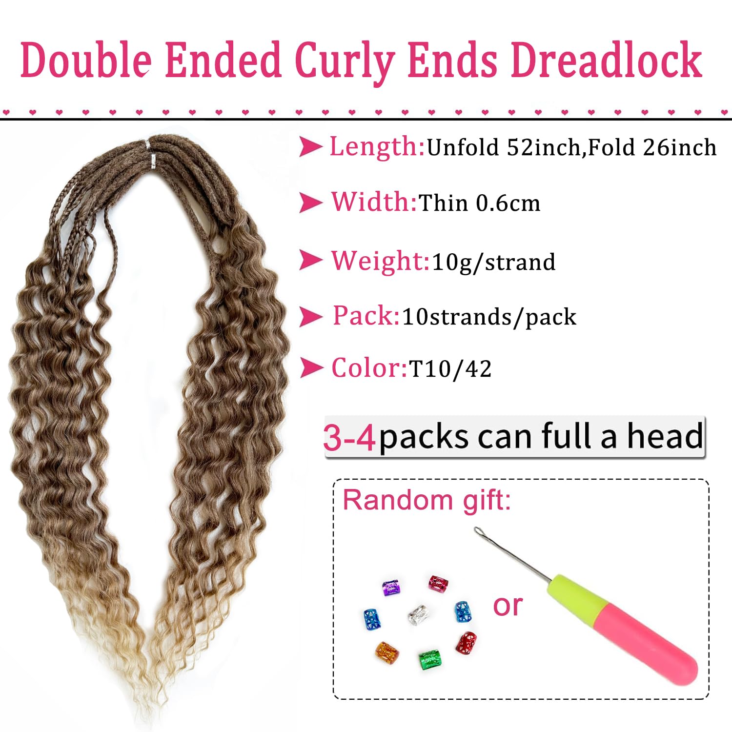 Curly Dreads with Box Braid Boho Style Dreads Synthetic Double Ended Dreadlock Extensions 26inches 10 Strands Thin Soft DE Dreadlock Extensions (T10/42)
