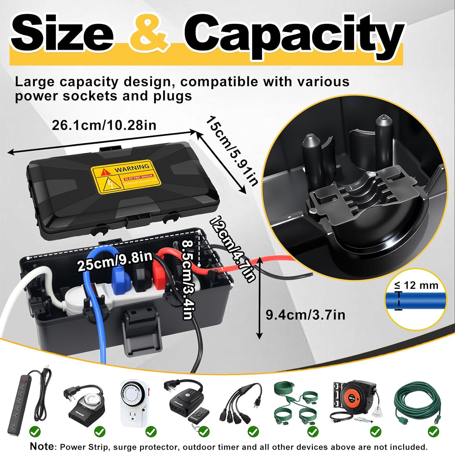 Medium Outdoor Electrical Box (10.3 x 5.9 x 3.7 in),IP54 Waterproof Extension Cord Connection Box with 6 Cable Entry Ports,Large Weatherproof Outlet Cover for Power Strip,Holiday Lights,Plug&Timer - Image 2