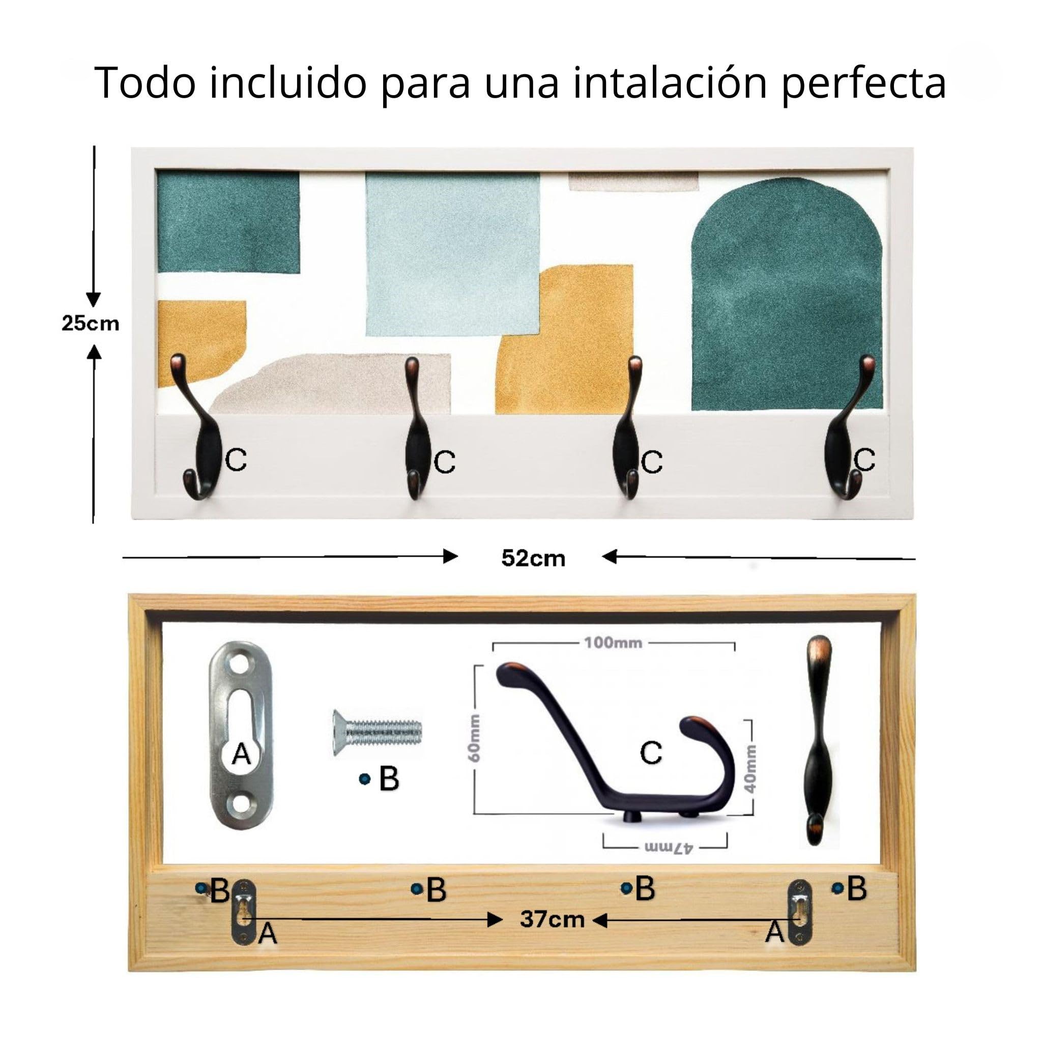 Perchero Pared Madera 52x25cm Contemporáneo Blanco 4 Ganchos | Hecho en España. 4 ganchos dobles (8 colgadores) para ropa y abrigos. Ideal para entrada, salón u oficina.