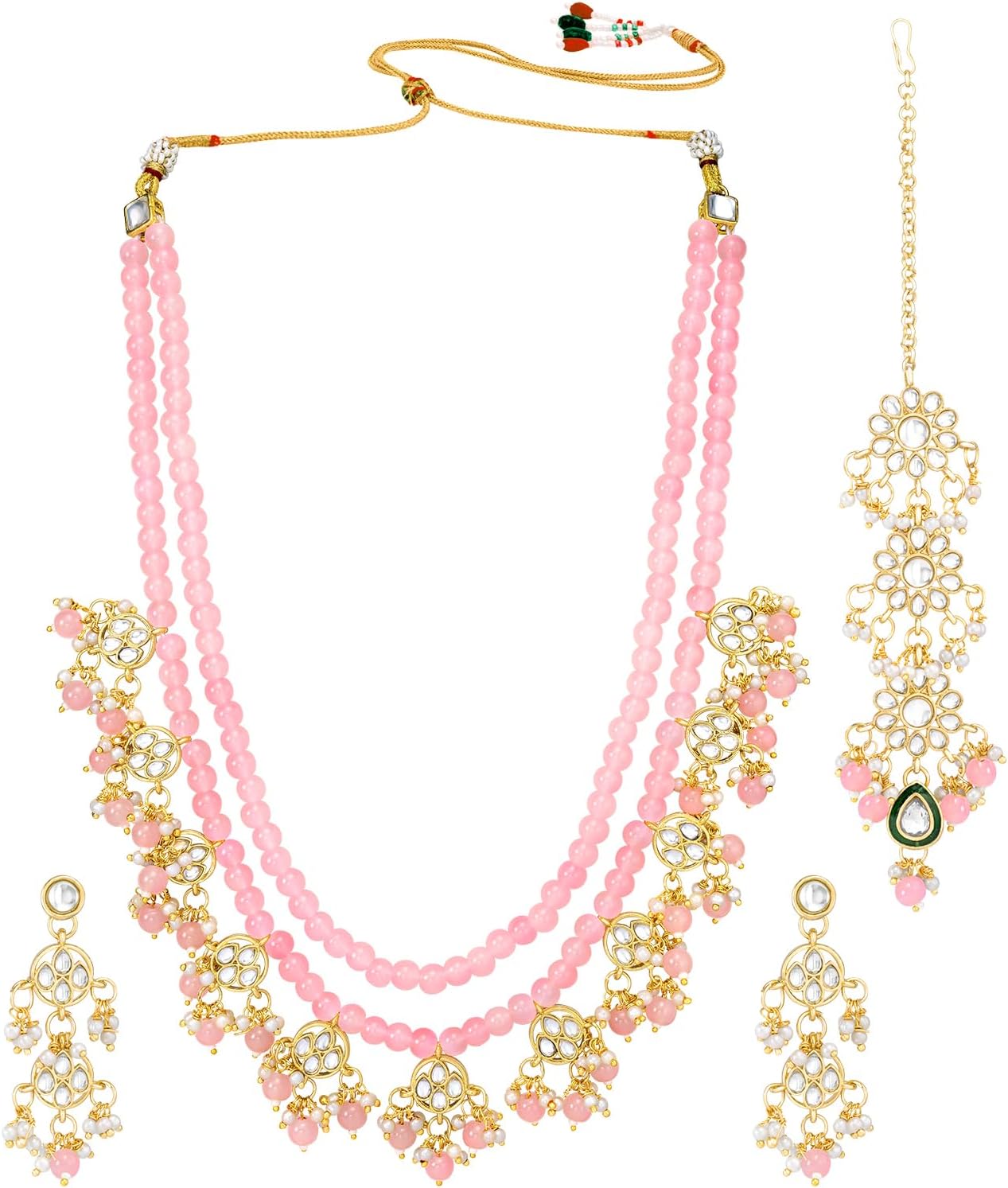 Aheli Beads Studded Long Necklace Earrings and Maangtikka Set Ethnic Traditional Bharatanatyam jewellery set for Women