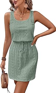 Spring Summer Tank Dresses for Women 2025 Hollow Out Textured Drawstring Mini Dress