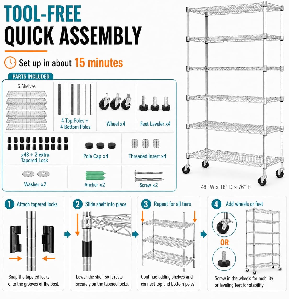 6-Tier Heavy Duty Wire Shelving Unit with Wheels or Leveling Feet, 6000 LBS Total Capacity, Adjustable Metal Storage Rack for Garage, Pantry, Kitchen, Basement, 48" W x 18" D x 76" H, Chrome