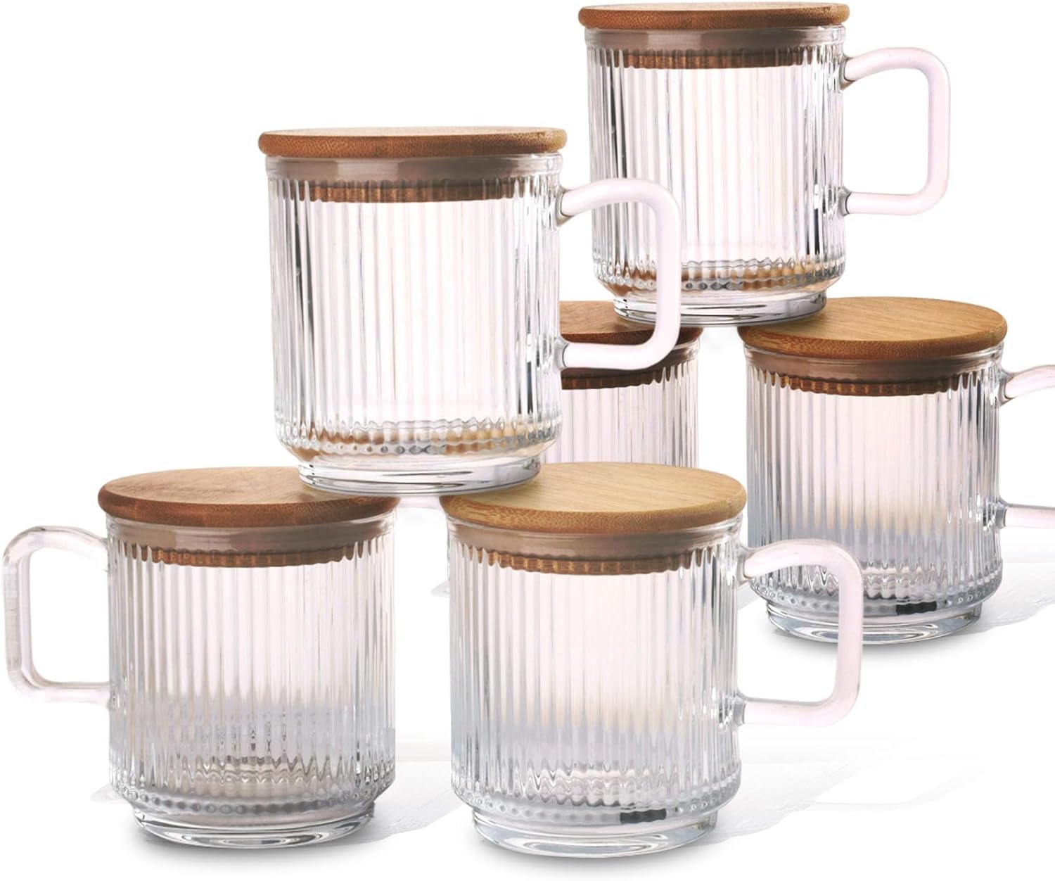 Ribbed Glass Coffee Mug with bamboo lids and handle, Set of 6, Clear, 12oz Tea Drinking Glasses, Fluted Design, Ideal for Water, Iced Coffee, Juice, Latte, Milk, Gift
