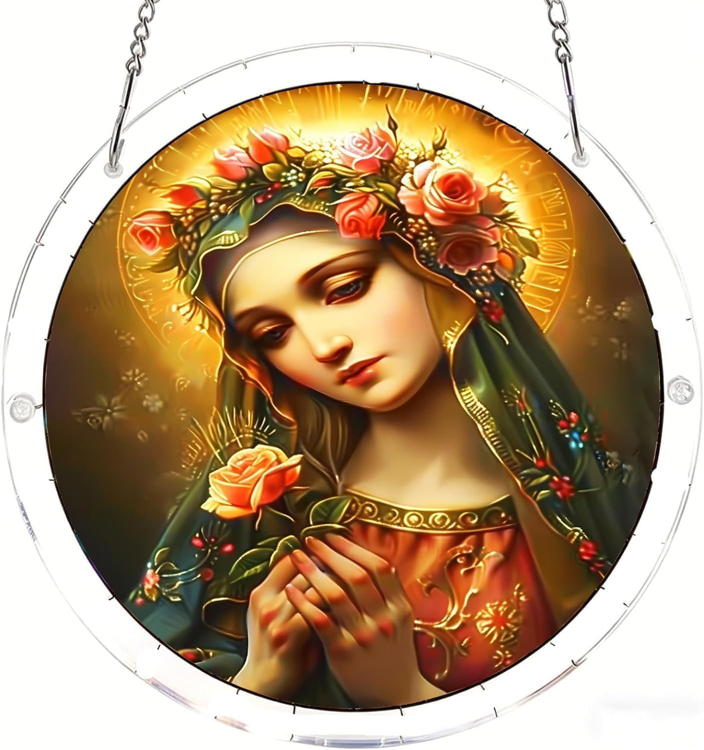 Virgin Mary Holding a Rose Acrylic Jigsaw Puzzles Suncatcher, 7.4 Inch Window Hanging Suncatcher Acrylic Puzzle, DIY Home Decor Art Gift