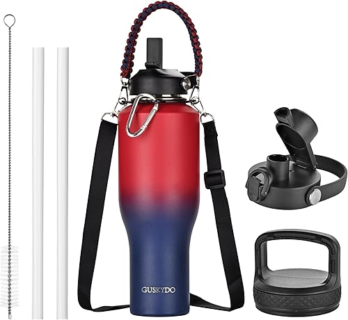 Botella de agua aislada de 40 onzas con asas y correa de paracaídas, termo de viaje de metal de doble pared de acero inoxidable con tapa de popote y
