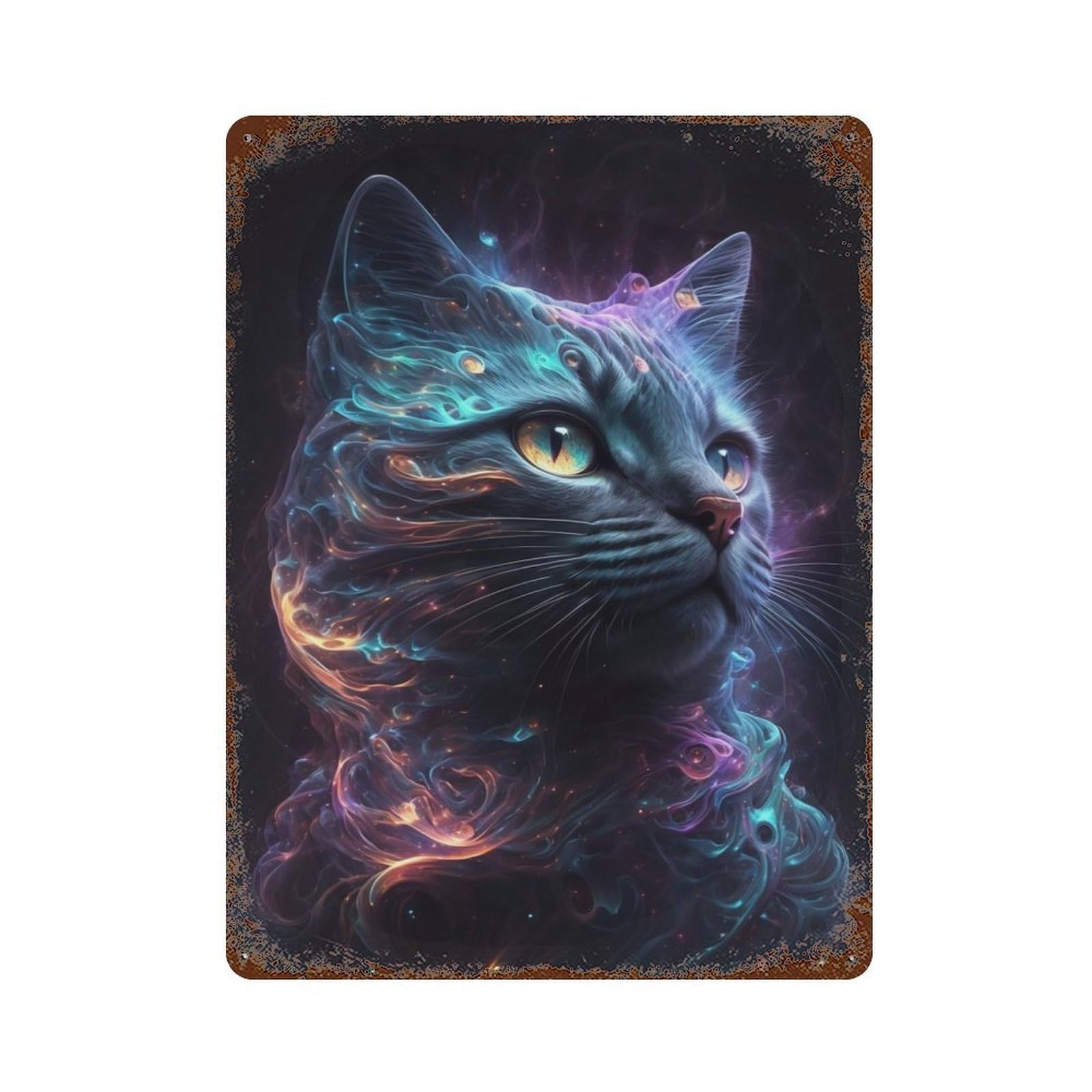 Distressed Metal Wall Sign Galaxy Cat Animal 15.7"x11.8", Vintage Wall Decor for Cafe, Home Bar And Lounge Decor