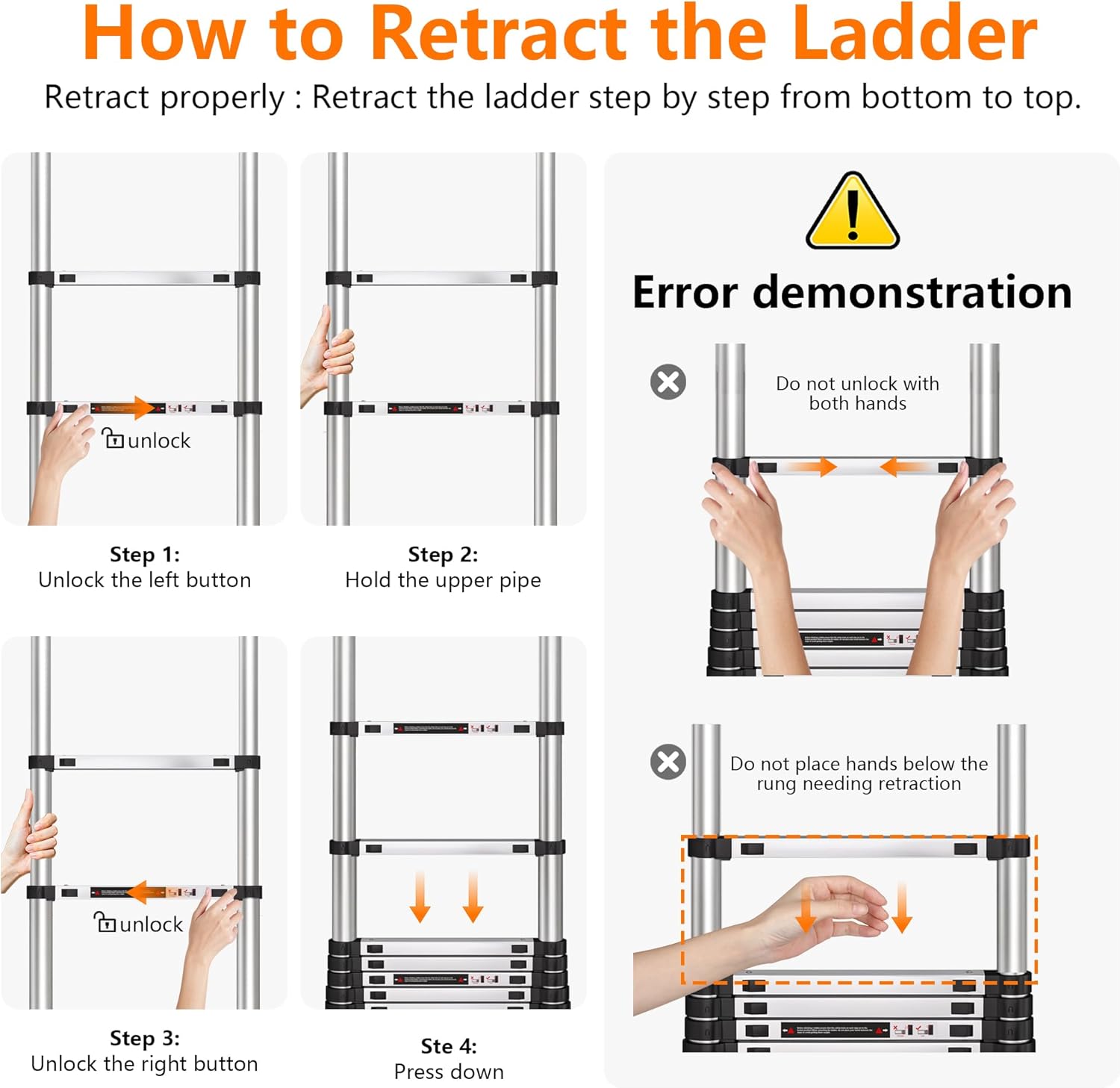 Telescoping Ladder 14.5 FT Stainless Steel Extension Ladder with 2 Detachable Hooks, Portable Multi-Purpose Collapsible Telescope Ladder for Home,RV,Outdoor Work,330lbs Max Capacity