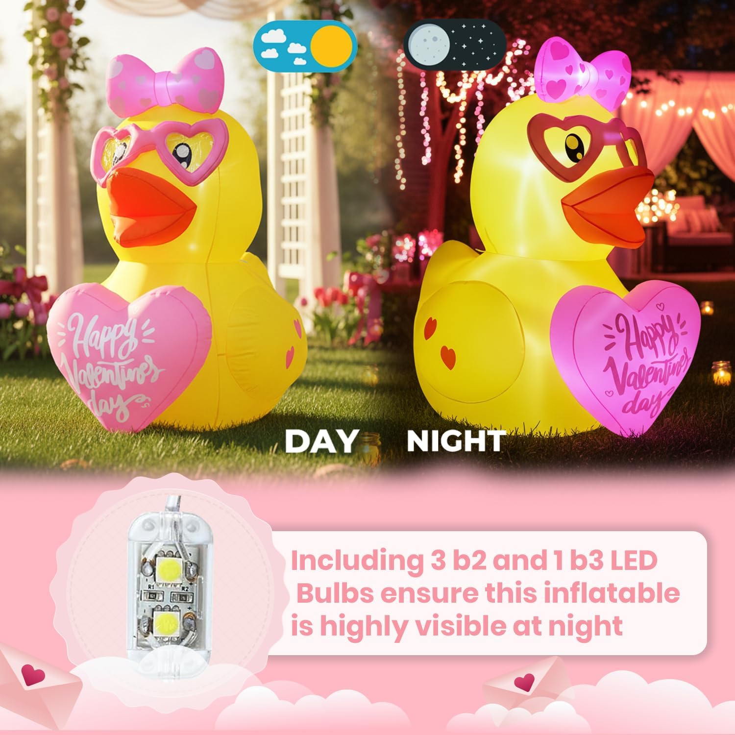 5FT Valentines Day Inflatables Duck with Heart Decoration, LED Blow Up Lighted Decor Indoor Outdoor Holiday Art Decor Romantic Gift for Anniversary Wedding Party