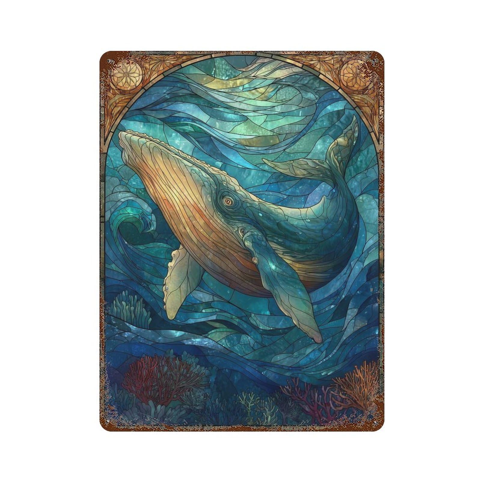 Stained Glass Whale Ocean Rusty Metal Tin Sign 15.7"x11.8", Ideal for Farmhouse, Kitchen And Entryway Decor