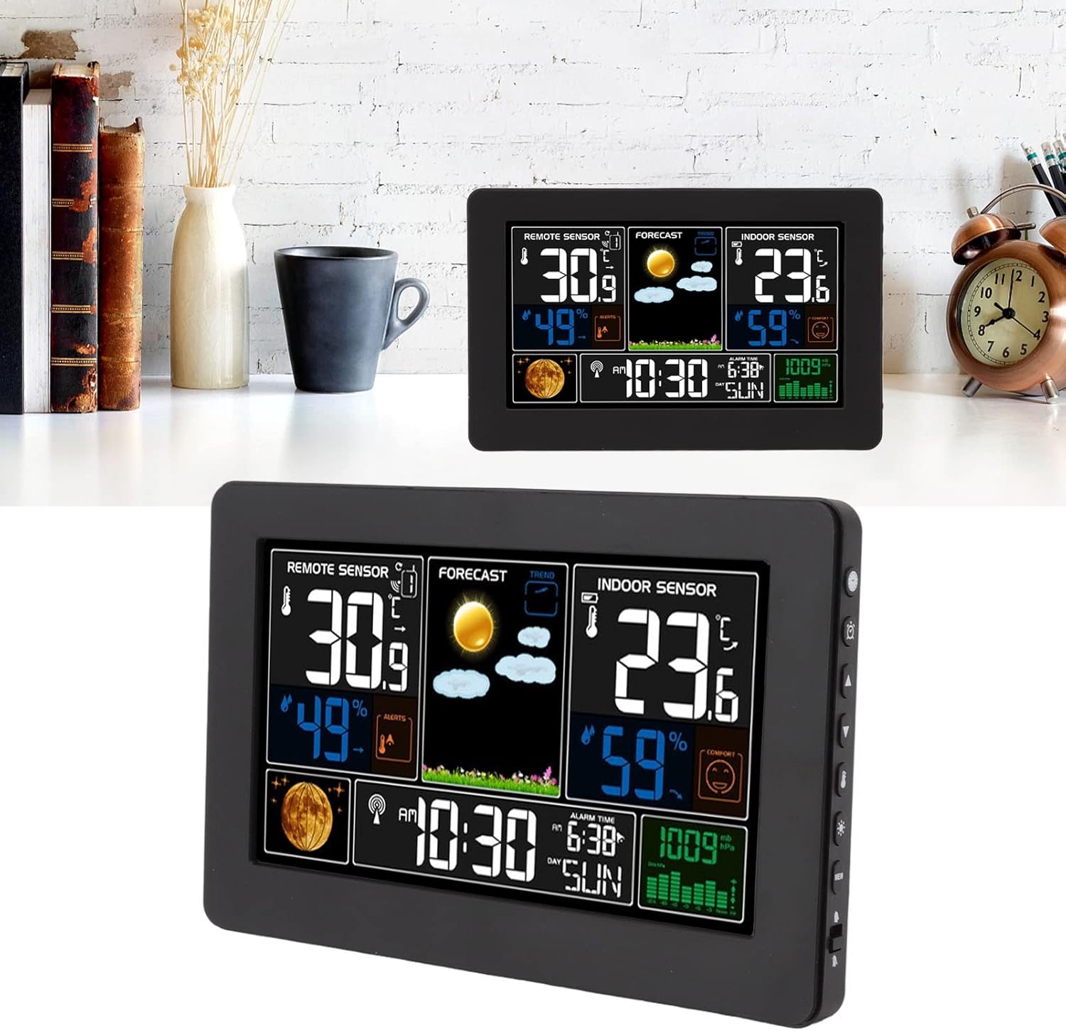 Wireless Weather Station, Large Color Screen Weather Clock with Atomic Clock, High Accu E Tempe Ure Humidity Meter, for Indoor Outdoor Tempe Ure(110-240V-operating System)