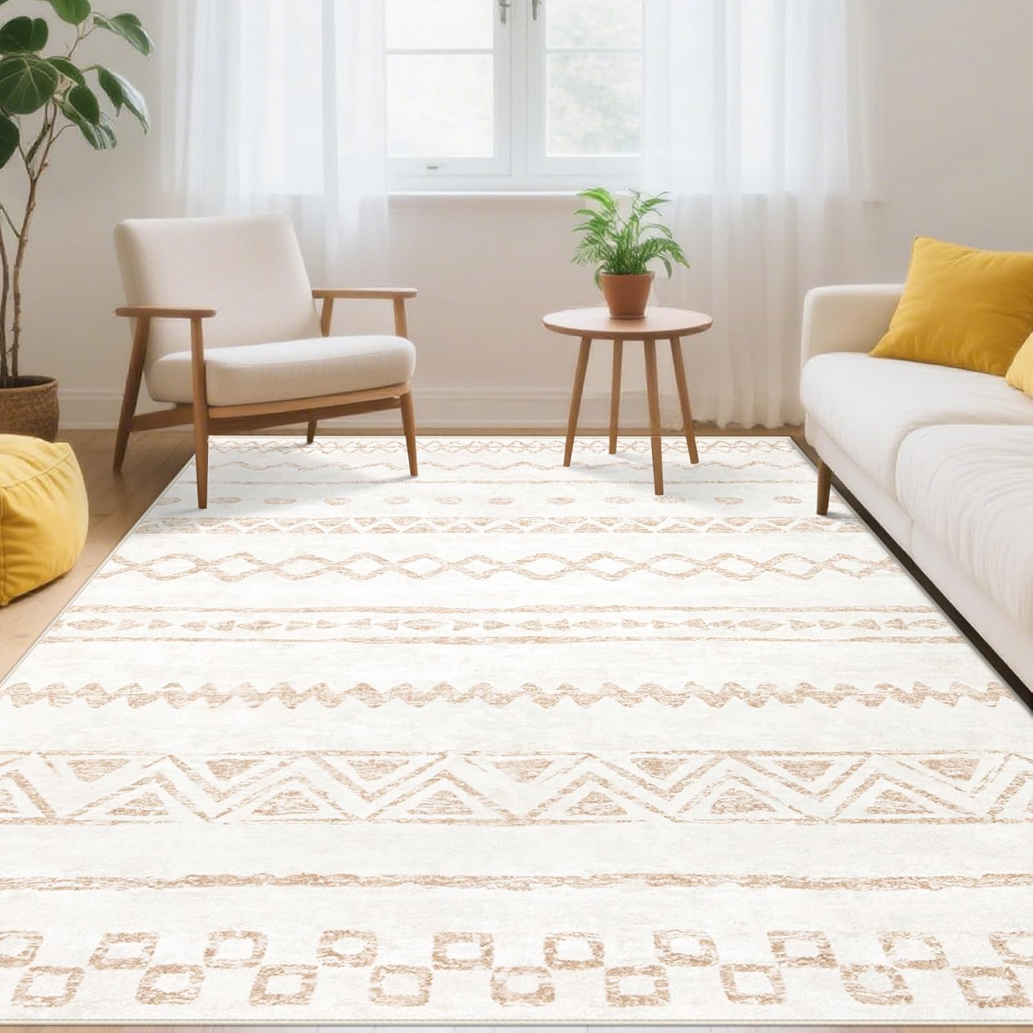 6x9 Area Rugs for Living Room: Washable Large Rug Modern Geometric Rugs Soft Non-Slip Indoor Floor Carpet Moroccan Farmhouse Rug for Bedroom Dining Room Nursery Offices (Beige, 6'x9') Beige 6' x 9' (Rectangular)