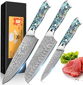 Damascus Chef Knives 3 Piece Kitchen Knife Set VG-10 Damascus Steel Professional Chef's Knife – Razor Sharp Cleaver Set with Ergonomic Natural Resin Handle Cooking Knife